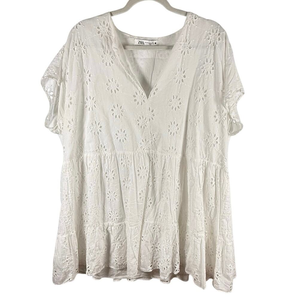 Zara Blouse Women's XXL White Eyelet 100% Cotton Natural Fibers Cottage Core